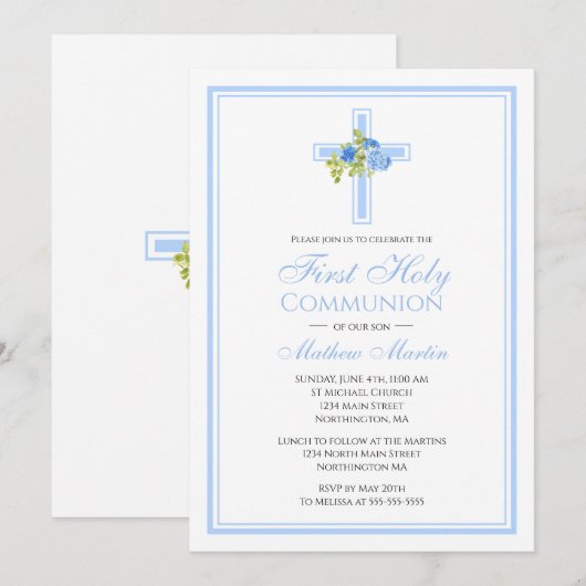 Eerste Communie Kruis met Blauwe Rozen Christelijk Kaart (Voorkant / Achterkant)