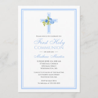 Eerste Communie Kruis met Blauwe Rozen Christelijk Kaart
