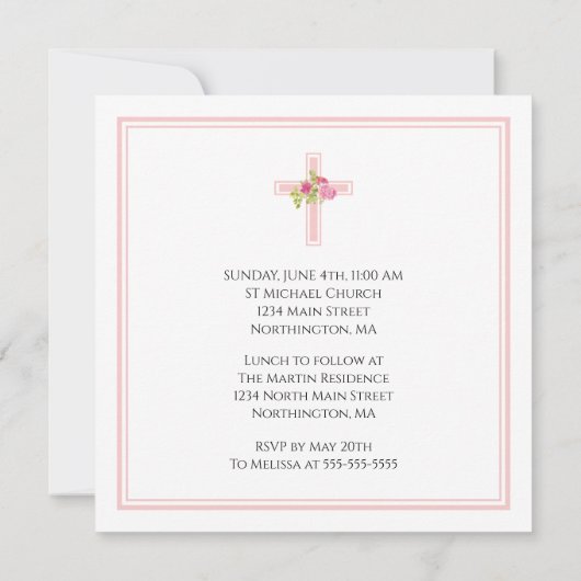 Eerste communie kruis met roze rozen vierkant kaart (Achterkant)