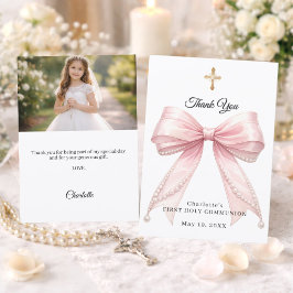 Eerste Communie lint roze parels foto meisje Bedankkaart