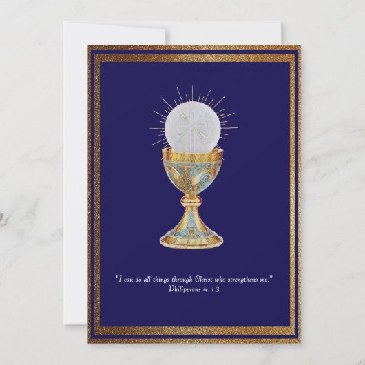 Eerste Communie marine blauw gouden kelk gastheer Kaart (Achterkant)