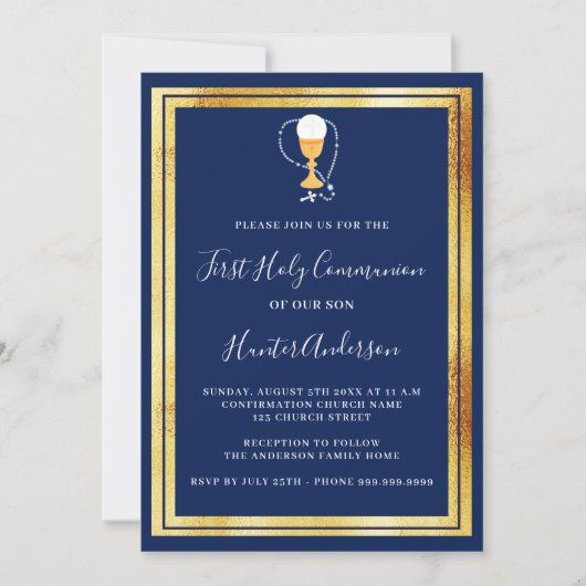 Eerste Communie marine blauw gouden kelk gastheer Kaart (Voorkant)