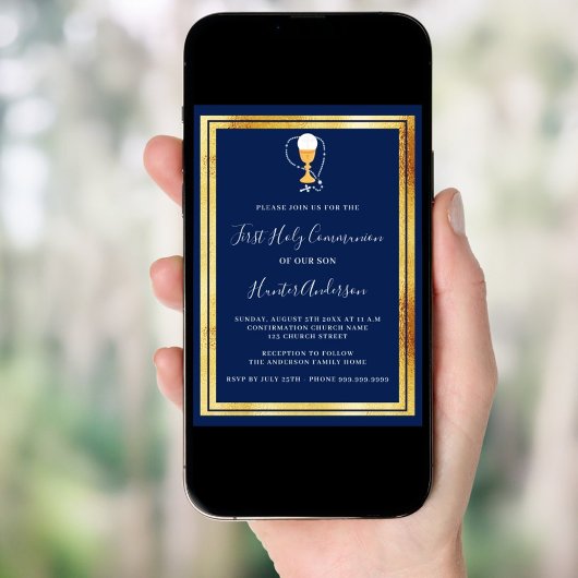 Eerste Communie marine blauw gouden kelk gastheer Kaart