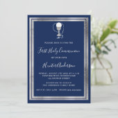 Eerste Communie marine blauw zilveren kelk luxe Kaart (Staand voorkant)
