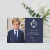 Eerste communie marineblauw  jongetje foto kuif bedankkaart (Staand voorkant)