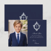 Eerste communie marineblauw  jongetje foto kuif bedankkaart (Voorkant / Achterkant)