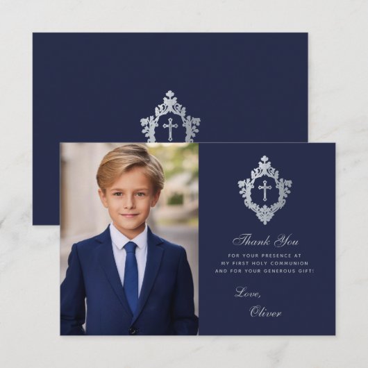 Eerste communie marineblauw  jongetje foto kuif bedankkaart (Voorkant / Achterkant)