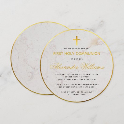 Eerste Communie Marmeren Script Faux Gold Foil Ron Kaart (Voorkant / Achterkant)