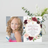 Eerste communie meisje bordeaux blush blauwe foto kaart (Staand voorkant)