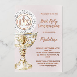 Eerste Communie meisje met kelk hostie Folie Uitnodiging