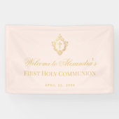 Eerste Communie Meisje Roze Faux Goud Crest Spandoek (Horizontaal)