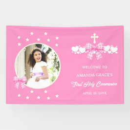 Eerste communie meisje roze geruite strik foto spandoek