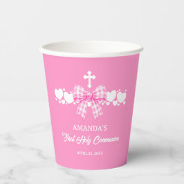 Eerste Communie Meisje Roze Gingham Strik Papieren Bekers