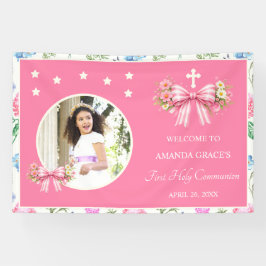 Eerste Communie Meisje Roze Wilde Bloem Boog Foto Spandoek