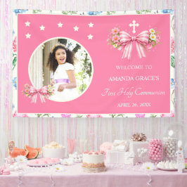 Eerste Communie Meisje Roze Wilde Bloem Boog Foto Spandoek