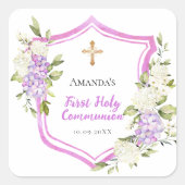 Eerste communie met roze bloemen vierkante sticker (Voorkant)