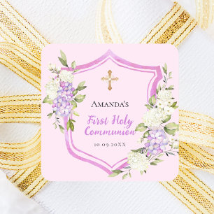 Eerste communie met roze bloemen vierkante sticker