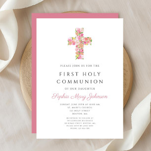 Eerste communie met roze Floral Cross Religious Gi Kaart