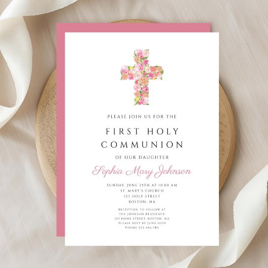 Eerste communie met roze Floral Cross Religious Gi Kaart