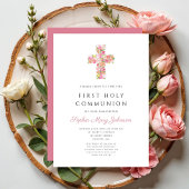 Eerste communie met roze Floral Cross Religious Gi Kaart