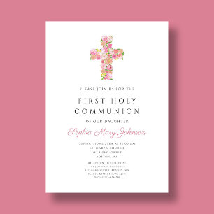 Eerste communie met roze Floral Cross Religious Gi Kaart