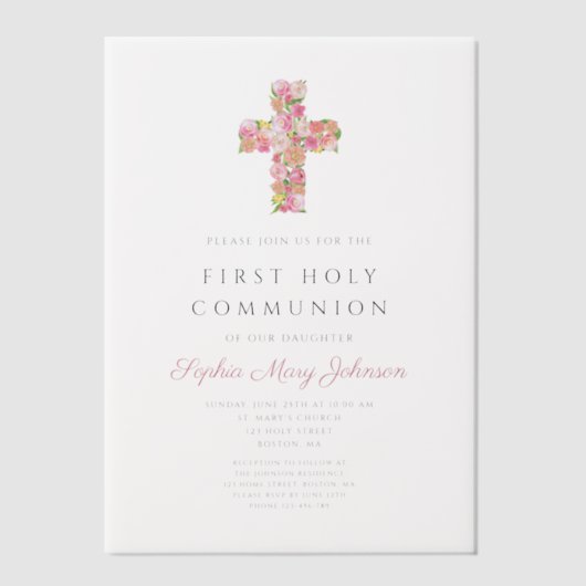 Eerste communie met roze Floral Cross Religious Gi Vellum Uitnodigingen (Voorkant)