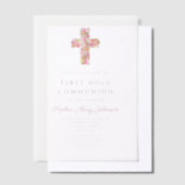 Eerste communie met roze Floral Cross Religious Gi Vellum Uitnodigingen (Offset)