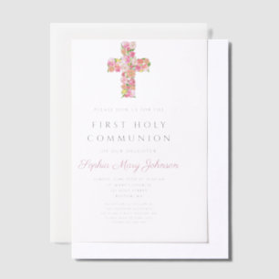 Eerste communie met roze Floral Cross Religious Gi Vellum Uitnodigingen