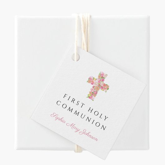 Eerste communie met roze Floral Religious Cross Bedankjes Labels