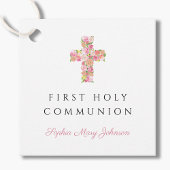 Eerste communie met roze Floral Religious Cross Bedankjes Labels
