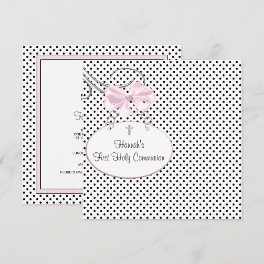 Eerste communie met roze zwarte poka dot Cross Kaart (Voorkant / Achterkant)