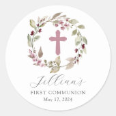 Eerste communie met sierlijk kruis ronde sticker (Voorkant)