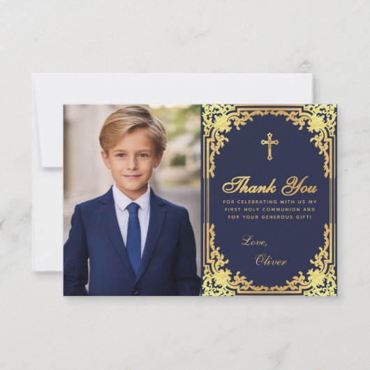 Eerste Communie Navy Blauw Goud  Jongen Foto Bedankkaart (Voorkant)