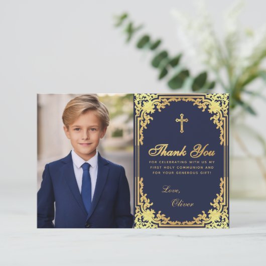 Eerste Communie Navy Blauw Goud  Jongen Foto Bedankkaart (Staand voorkant)