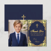 Eerste Communie Navy Blauw Goud  Jongen Foto Bedankkaart (Voorkant / Achterkant)