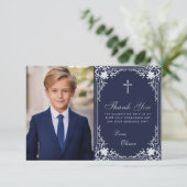 Eerste Communie  Navy Blue Boy Photo Cross Bedankkaart (Staand voorkant)