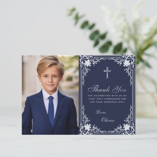 Eerste Communie  Navy Blue Boy Photo Cross Bedankkaart (Staand voorkant)