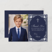 Eerste Communie  Navy Blue Boy Photo Cross Bedankkaart (Voorkant / Achterkant)
