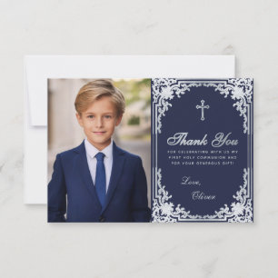 Eerste Communie  Navy Blue Boy Photo Cross Bedankkaart