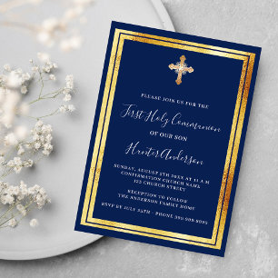 Eerste Communie navyblauw gouden kruis luxe Kaart