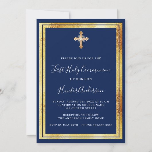 Eerste Communie navyblauw gouden kruis luxe Kaart (Voorkant)