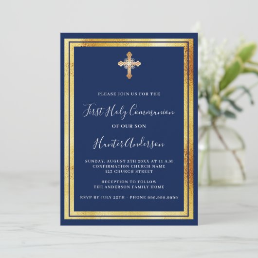 Eerste Communie navyblauw gouden kruis luxe Kaart (Staand voorkant)