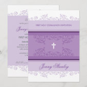 EERSTE COMMUNIE NODIGT  krullen uit violet paarse Kaart (Voorkant / Achterkant)