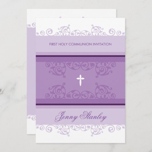 EERSTE COMMUNIE NODIGT  krullen uit violet paarse Kaart (Voorkant / Achterkant)