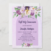 Eerste Communie paars violette bloemen kruis luxe Kaart (Voorkant)