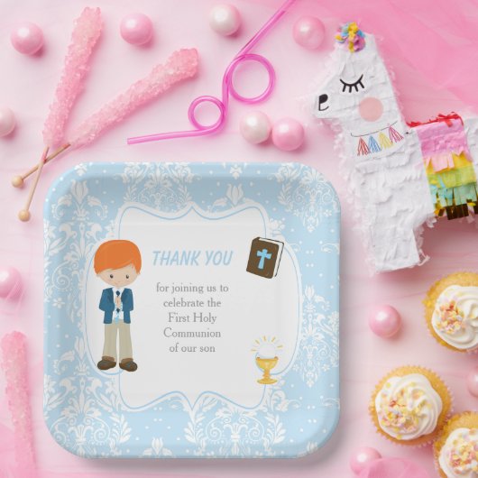 Eerste communie rode haar jongen dank u papieren bordje (Feest)