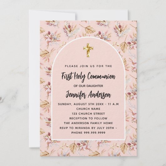 Eerste Communie roos goudbloemen pampas luxe Kaart (Voorkant)