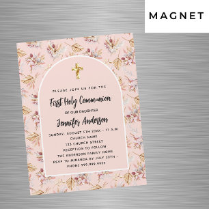 Eerste Communie roos goudbloemen pampas luxe Magnetische Uitnodiging