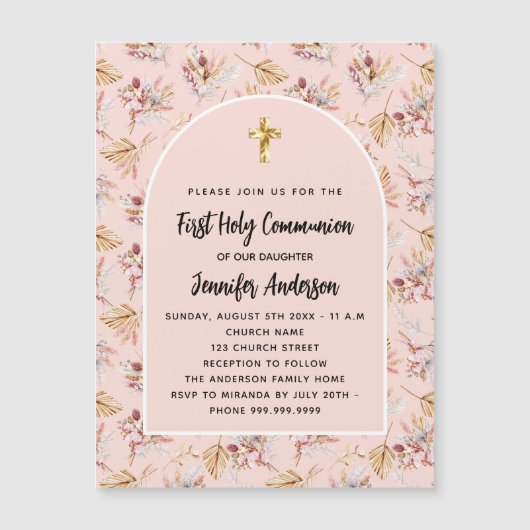 Eerste Communie roos goudbloemen pampas luxe Magnetische Uitnodiging (Voorkant)