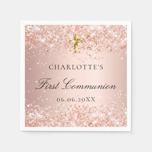 Eerste Communie roos gouden glitter naam Servet (Voorkant)